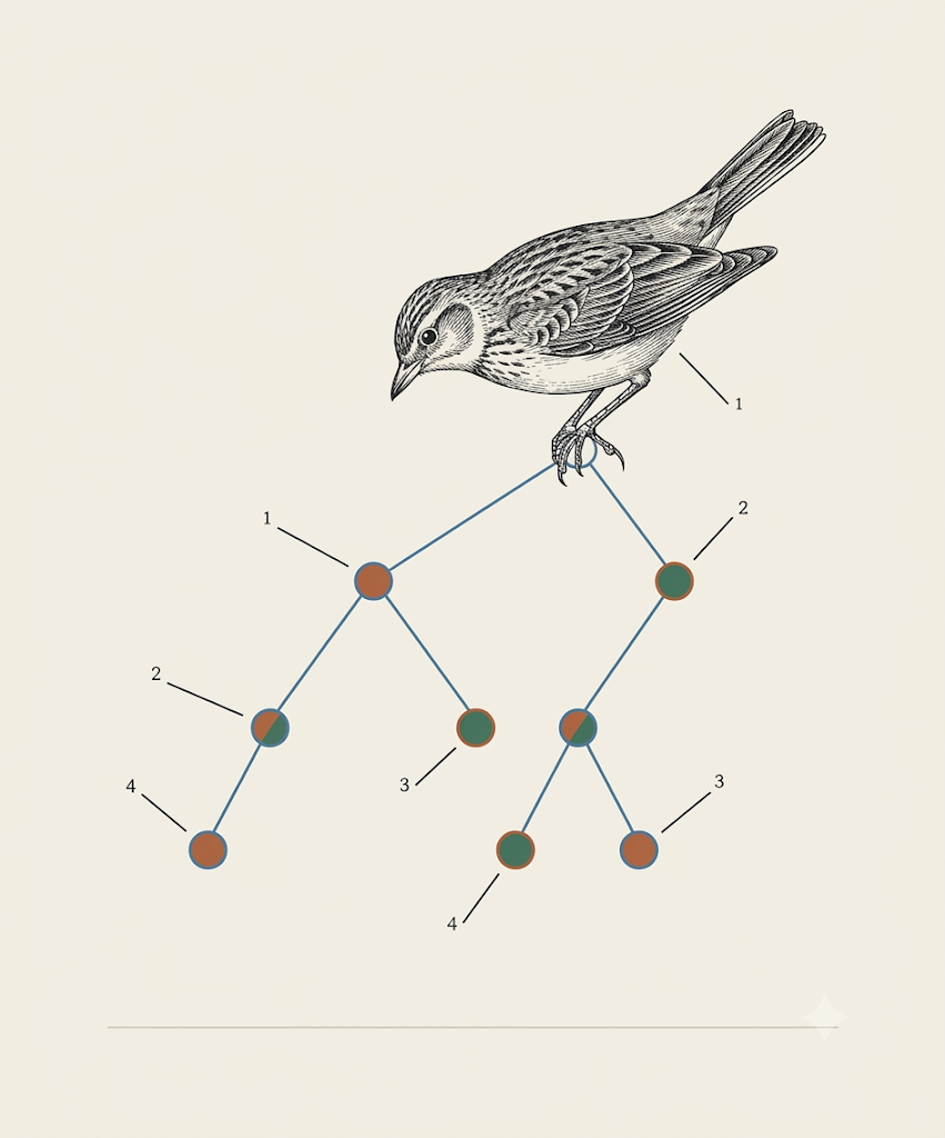 A field-guide engraving of a lark perched at the root of a parse tree, the tree's nodes tinted copper, sky-blue and green.